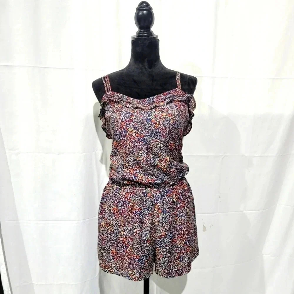 BCBG BCBGeneration Women's Dark Navy Multi-Color Romper Shorts Tie Back Size M